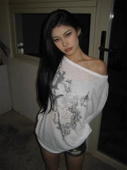 Lunivop Korean Fashion Graphic Tees Women Transparent Vintage Gothic T Shirt Long Sleeve Loose Punk T-shirt Streetwear Tops