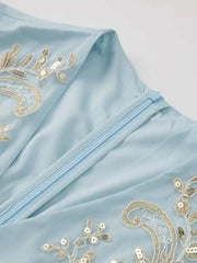 Lunivop Solid Sequins Embroidered Flares Mesh Splice Women's Dresses V Neck Long Sleeve High Waist Loose Summer 2025 New