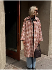 Lunivop Women Checkered Long Trench Coats Full Sleeve Single Breasted Pockets Lapel Loose Maxi Coat New Lady Autumn Daily Outerwear