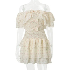 Lunivop American Sweet Bow Slim Waist Cake Dress for Women New Flying Sleeve Floral Dresses Summer All-match Vestido Feminino