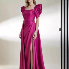 Lunivop New Fashion Modern Sqaure Puffly Sleeve Euramerican Popular Luxury Glossy Slim High Split Satin Prom Gown Back S formal dress