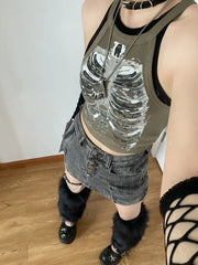 Lunivop Punk Aesthetic Cyber Retro X-ray Skeleton Print Rib Sleeveless Vest ArmyGreen Crop Top Designer Clothes Women Summer Emo