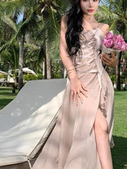 Lunivop Women's Summer Elegant Backless Long Dresses New Fashion Spaghetti Strap Evening Party Prom Split Bandage Ruffled Sexy Dress