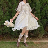 Lunivop Japanese Lolita White Dress Summer Puff Sleeve Ruffles Dress Preppy Style Kawaii Sweet Fairy Peter Pan Collar Women Midi Dresses