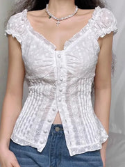 Lunivop Sexy Slim Vintage White Shirt Women Casual Short Sleeve V Neck Blouse French Retro Streetwear Female Design Summer Tops