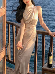 Lunivop Women Summer Halter Satin Midi Party Dress Sleeveless Bodycon Slim Casual Solid Birthday Vestidos Female One Pieces Fashion Robe