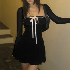 Lunivop Women Sweet Lace Trim Bow Pleated Dress Mini Coquette Korean Fashion Square Neck Autumn Dress Clothes Kawaii Lolita