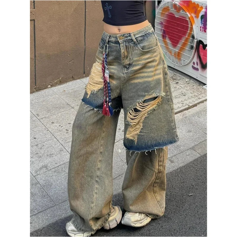 Lunivop Autumn Punk Sexy Vintage Ripped Harajuku Loose Jeans Y2K Hollow Out Trashy Pants Women's BaggyTassels Denim Trouser
