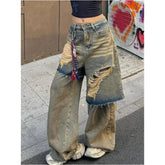 Lunivop Autumn Punk Sexy Vintage Ripped Harajuku Loose Jeans Y2K Hollow Out Trashy Pants Women's BaggyTassels Denim Trouser