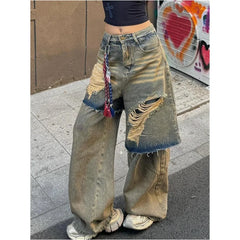 Lunivop Autumn Punk Sexy Vintage Ripped Harajuku Loose Jeans Y2K Hollow Out Trashy Pants Women's BaggyTassels Denim Trouser