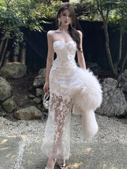 Lunivop Sexy Floral Strapless Womens Dresses Mesh Patchwork Sleeveless Bodycon Evening Party Dress Elegant Gown Prom Formal Clothes New