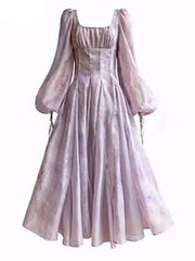 Lunivop French Printing Dresses For Women Square Collar High Waist Lantern Sleeve Elegant Dress Female Autumn 2025 New