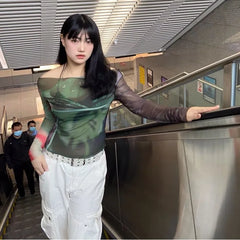 Lunivop Women's Europe and the United States in the fall new mesh printing a word strapless head long-sleeved casual women's tops