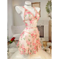 Lunivop Sexy Lingerie Women's Seduction Mesh Floral Ruffle Edge Sexy Nightgowns Sleepshirts Perspective Pajama Set