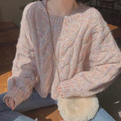 Lunivop Pastel Pink Cable Knit Sweater Pullovers Women Teen-girl Long Sleeve Crew Neck Cozy Jumper Soft Girl Fairy Kei Harajuku Outfit
