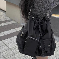 Lunivop Korean Drawstring Black Tote Bag Women Multifunctional Large Capacity Y2k Mochilas Mujer Ladies Commuter Hot Girl Shoulder Bags