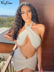 Lunivop Halter Solid Hollow Out Sexy Mini Dress Summer Women Fashion Outfits Vacation Rave Party Y2K Clothing