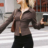 Lunivop Vintage Striped Blouses Brown Button-up Slim-fit Shirts Office Ladies High Street Turn-down Collar Flared Sleeve Tops