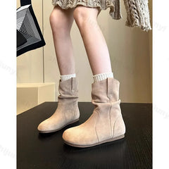 Lunivop Vintage Faux Suede Wedge Ankle Boots for Women's Autumn Winter Warm Plush Flat Heels Short Boots Woman Slip on Cowboy Botas