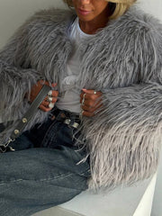 Lunivop Elegant Furry Faux Fur Short Coats Women Luxury Solid O-neck Long Sleeved Jackets Lady Autumn Winter Thickened Warm Outwears Top