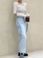 Lunivop Korean Fashion Denim Skirts Solid Color Pockets Patchwork Forked High Waist Long Skirt Spring Aummer All Match Women's Clothing