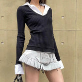 Lunivop Aesthetic Clothing College Style POLO Collar Splicing Fake Two Slim Knit Long-Sleeved T-shirt Women Slimming Autumn And Winter