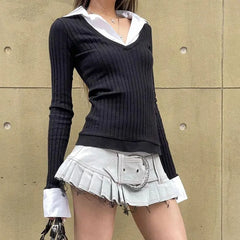 Lunivop Aesthetic Clothing College Style POLO Collar Splicing Fake Two Slim Knit Long-Sleeved T-shirt Women Slimming Autumn And Winter