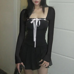 Lunivop Women Sweet Lace Trim Bow Pleated Dress Mini Coquette Korean Fashion Square Neck Autumn Dress Clothes Kawaii Lolita