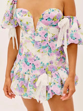 Lunivop Sexy Short Lantern sleeve One Shoulder Party Dresses Retro Women Spliced Bow Bandage Floral Print Mini Dress