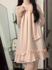 Lunivop Pink Beach Mini Dress Women Sweet Bow Fashion Casual Korean Sexy Halter Dress Summer Chic Loose Female Elegant Dress New