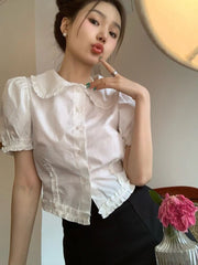 Lunivop Slim Cute Cropped White Shirt Women Summer Short Sleeve Elegant Blouse Preppy Style Vintage Sweet French Casual Design Tops