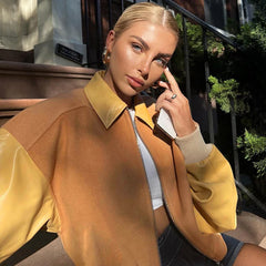 Lunivop Spliced Turn Down Collar Zipper Long Sleeve Y2K Pu Faux Leather Lacket Women'S Coats Winter Casual Clothes