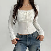 Lunivop Bandage Folds Square Collar Crop Top Women Fairycore y2k White T Shirts Basic Knitted Elegant Tees Vintage 2000s Clothing