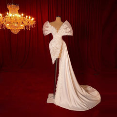 Lunivop Pretty Pearls Lace Prom Dresses Unique V Neck Appliques Organza Mermaid Evening Dress With Detachable Train Mesh Bride Gown