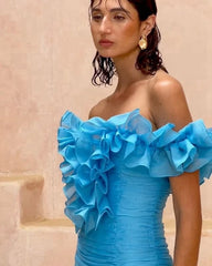 Lunivop Off Shoulders Mini Prom Party Dress Blue Pleated Tulle Short Mermaid Cocktail Gowns Pretty Ruffles Homecoming Dresses
