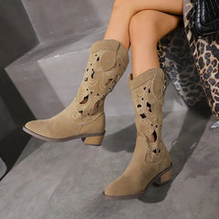 Lunivop Hollow Vintage Western Boots Women Autumn New Chunky Heels Knee High Cowboy Boots Woman Fashion V-cut Knight Booties