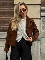 Lunivop Single-Breasted Suede Jackets Women Vintage Short Long Sleeved Jacket For Woman Autumn Casual Brown High Street Outwear