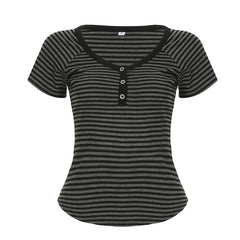 Lunivop Korean Fashion Striped V-Neck with Buttons Slimming T-shirts Women's Summer Short Sleeve Top Tees Y2K Aesthetics New