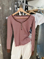 Lunivop Cute Pink Brown Striped T-shirt Women Buttons O-Neck Cotton Slim Patchwork Long Sleeve Tee Sweet Preppy Style Tshirt Y2K Top New