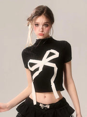 Lunivop Cropped Slim Y2K T Shirt Women Streetwear Bow Print Sexy Short Sleeve Tees Vintage American Gothic Harajuku Black Tops New
