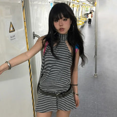 Lunivop Y2k Aesthetics Halter Dress Japanese 2000s Style Grey Striped Short Dress Vintage Harajuku Backless Mini Dress Grunge