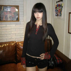 Lunivop Y2k Vintage T Shirt Women Pathwork Long Sleeve Skinny Plaid Grunge Tops Streetwear American Retro 90s Tshirts Autumn