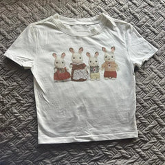Lunivop Y2k Round Neck Slim-Fit Leaky Navel Short Sleeve Cute Bunny Print Millennial Style Short Sleeve Vintage Cute Crop Top Women