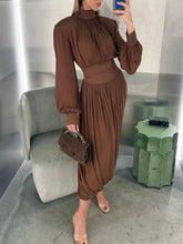 Lunivop Tapered Waist Flower Bud Maxi Dress Women's Puff Sleeves Fashion Solid Round Neck Contrast Slim Party Dress Female Dress