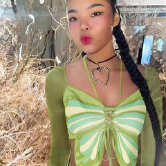 Lunivop Halter Butterfly Print Long Sleeve High Waist Crop Top Tshirts Summer Y2K Streetwear 2024 Fashion Casual Clothes
