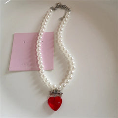 Lunivop Goth Y2K Harajuku Aesthetic Red Glass Heart Love Bowknot Pearl Beads Choker Necklace 2000s EMO Cute Accessories For Women Egirl