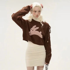 Lunivop Sweet Bandage Off Shoulder Sueter Mujer Loose Knitted Short Y2k High Waist Cartoon Rabbit Print Women Crop Tops Sweaters