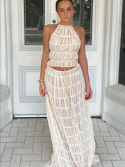 Lunivop Sexy Backless Lace Two Piece Sets Women Skirt Suit Apricot See Through Long Skirt Sets Summer Holiday Casual Beachwear