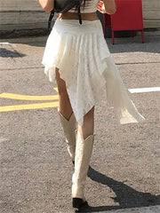 Lunivop White Lace Summer Sexy Skirt For Women Patchwork High Waist See-Through Casual Streetwear Printed Female Y2k Skirt