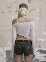 Lunivop Slash Neck Women Sexy Slim Irregular Solid Tees Off Shlouder See Through Vintage T-Shirt Y2k Harajuku Female Crop Top Streetwear